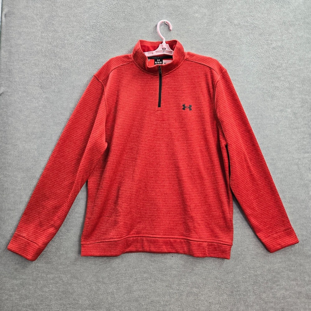 Under Armour Men Sweatshirt XL Red Striped xStorm 1/4 Zip Long Sleeve Logo
